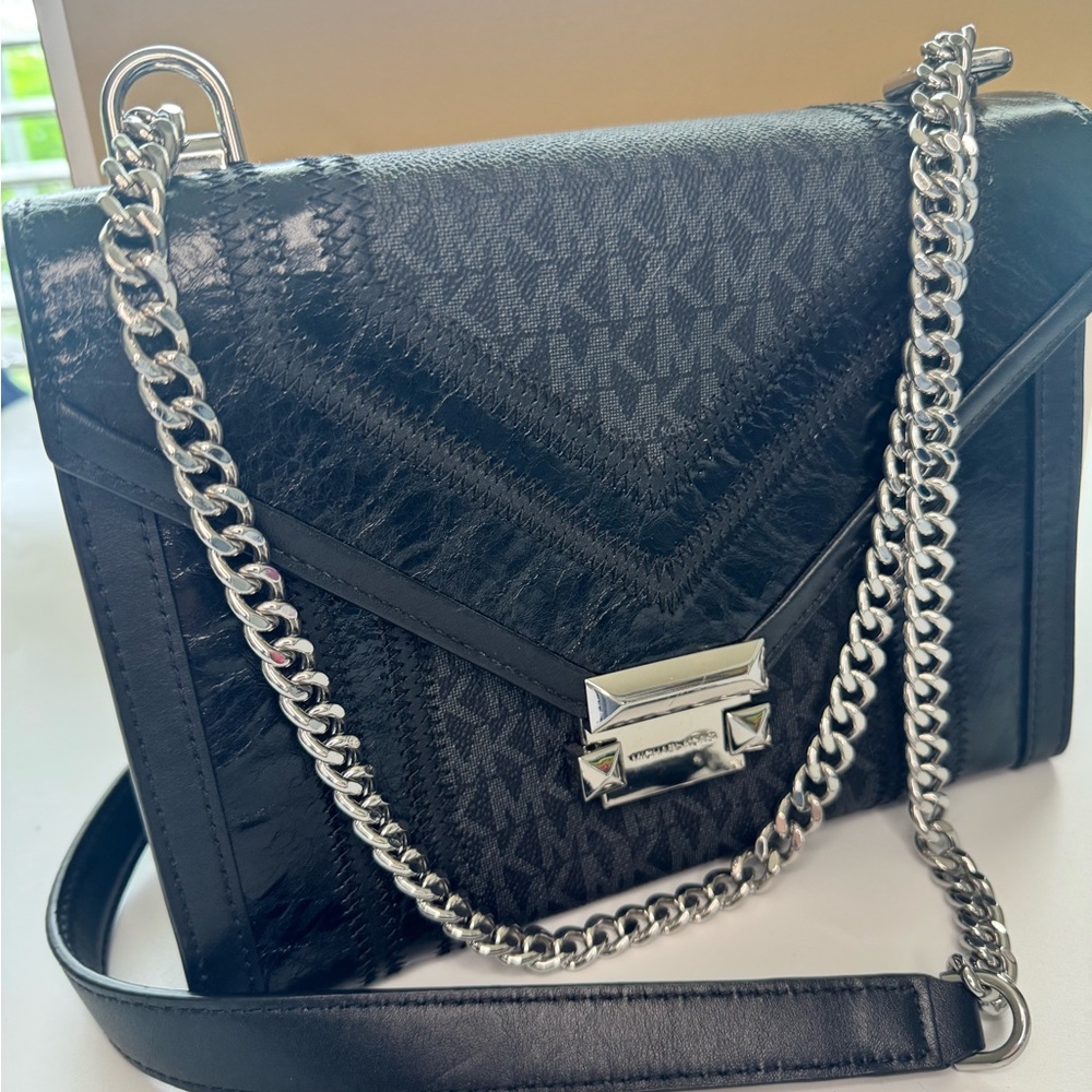 Michael Kors Black and Silver Crossbody Bag with Chain Strap